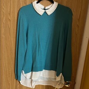 Charter Club Teal Sweater with White Collar 100% Cashmere